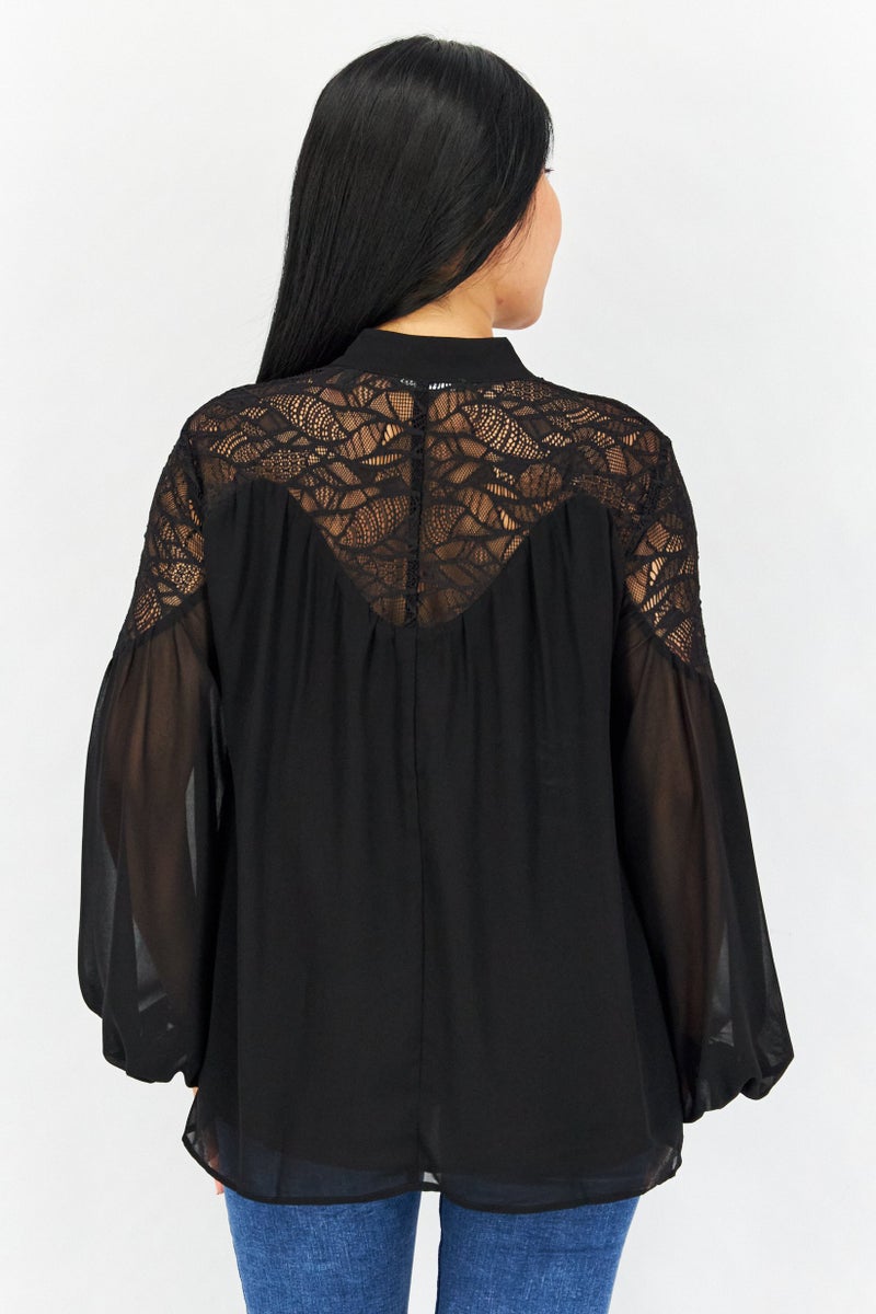 ESPRIT Women Tie Neck Long Sleeve Textured Blouse, Black - Image 2