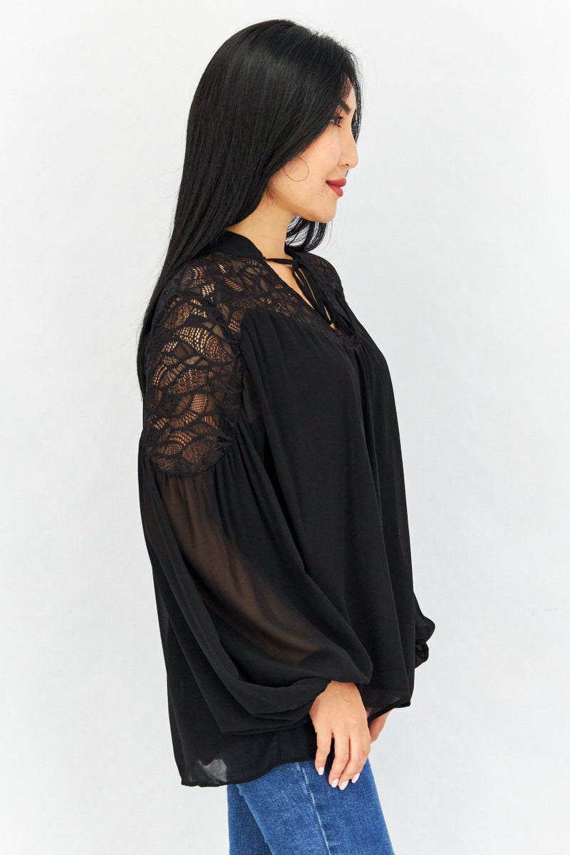 ESPRIT Women Tie Neck Long Sleeve Textured Blouse, Black - Image 4