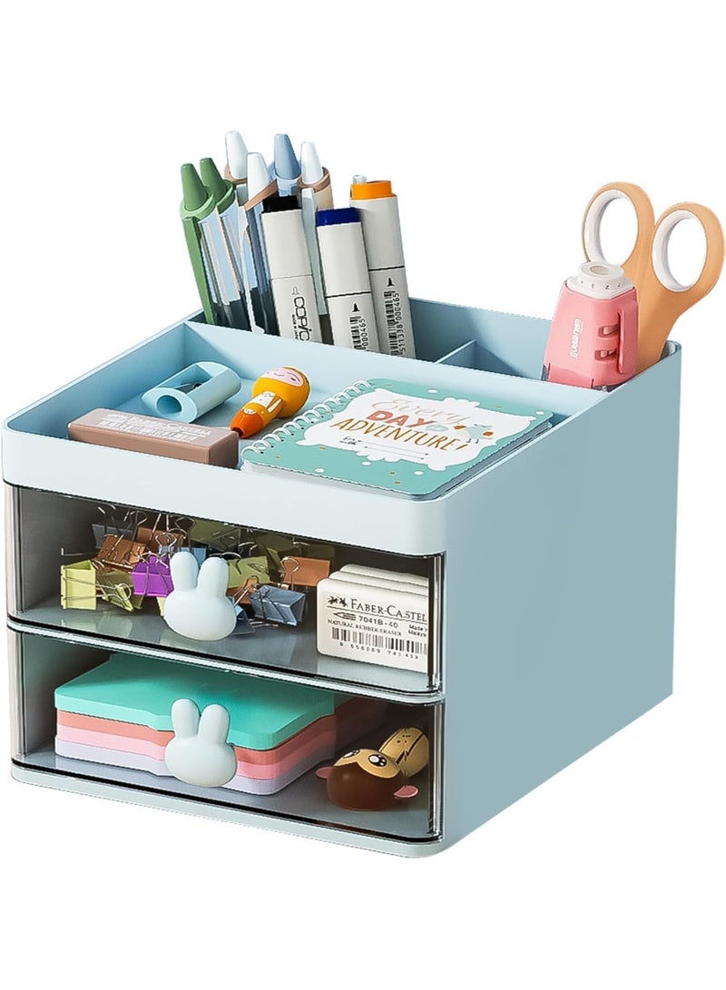 منظم مكتب صغير مع درج، صندوق تخزين متعدد الوظائف للأقلام والأقلام الرصاص للمكتب، منظمات مكتب وإكسسوارات مع 3 حجرات + 2 درج لمستلزمات الفنون المكتبية (أزرق) - Image 1
