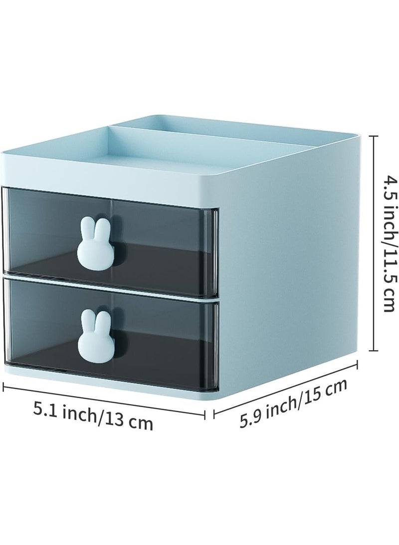 منظم مكتب صغير مع درج، صندوق تخزين متعدد الوظائف للأقلام والأقلام الرصاص للمكتب، منظمات مكتب وإكسسوارات مع 3 حجرات + 2 درج لمستلزمات الفنون المكتبية (أزرق) - Image 2