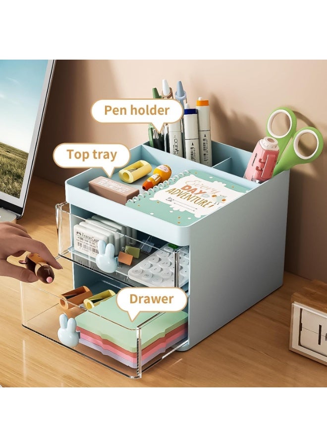 منظم مكتب صغير مع درج، صندوق تخزين متعدد الوظائف للأقلام والأقلام الرصاص للمكتب، منظمات مكتب وإكسسوارات مع 3 حجرات + 2 درج لمستلزمات الفنون المكتبية (أزرق) - Image 5