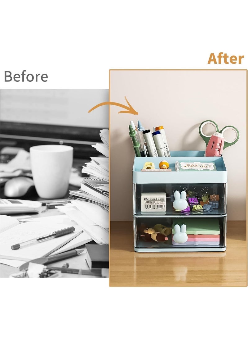 منظم مكتب صغير مع درج، صندوق تخزين متعدد الوظائف للأقلام والأقلام الرصاص للمكتب، منظمات مكتب وإكسسوارات مع 3 حجرات + 2 درج لمستلزمات الفنون المكتبية (أزرق) - Image 3