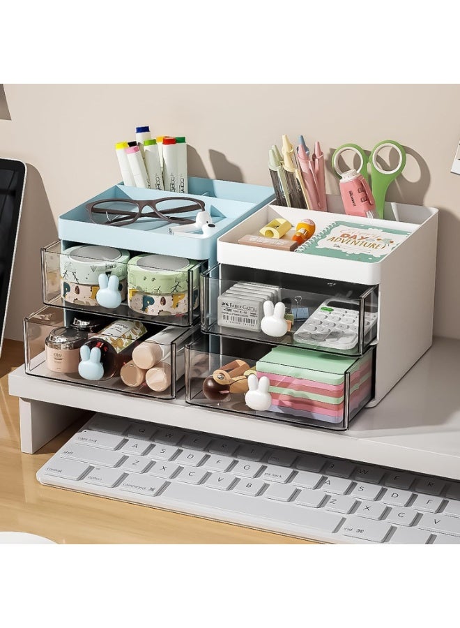 منظم مكتب صغير مع درج، صندوق تخزين متعدد الوظائف للأقلام والأقلام الرصاص للمكتب، منظمات مكتب وإكسسوارات مع 3 حجرات + 2 درج لمستلزمات الفنون المكتبية (أزرق) - Image 4