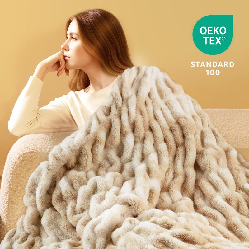 blunique Ultra Soft Faux Rabbit Fur Throw Blanket, Cozy Fuzzy Blanket for Couch Bed, Plush Warm Decor Gifts, Luxury Thick Fluffy Blanket for Women & Men,50x60 inches, Tie-Dyed in Khaki - Image 2