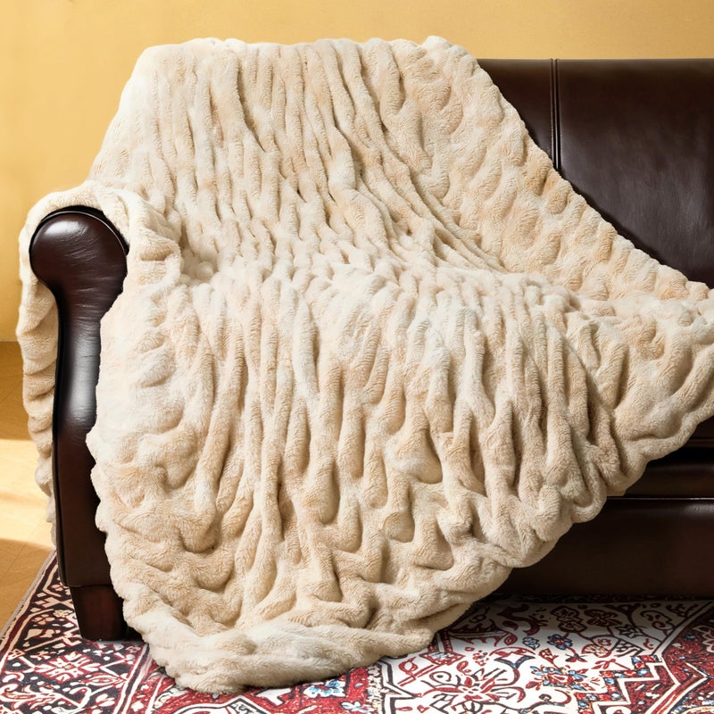 blunique Ultra Soft Faux Rabbit Fur Throw Blanket, Cozy Fuzzy Blanket for Couch Bed, Plush Warm Decor Gifts, Luxury Thick Fluffy Blanket for Women & Men,50x60 inches, Tie-Dyed in Khaki - Image 1