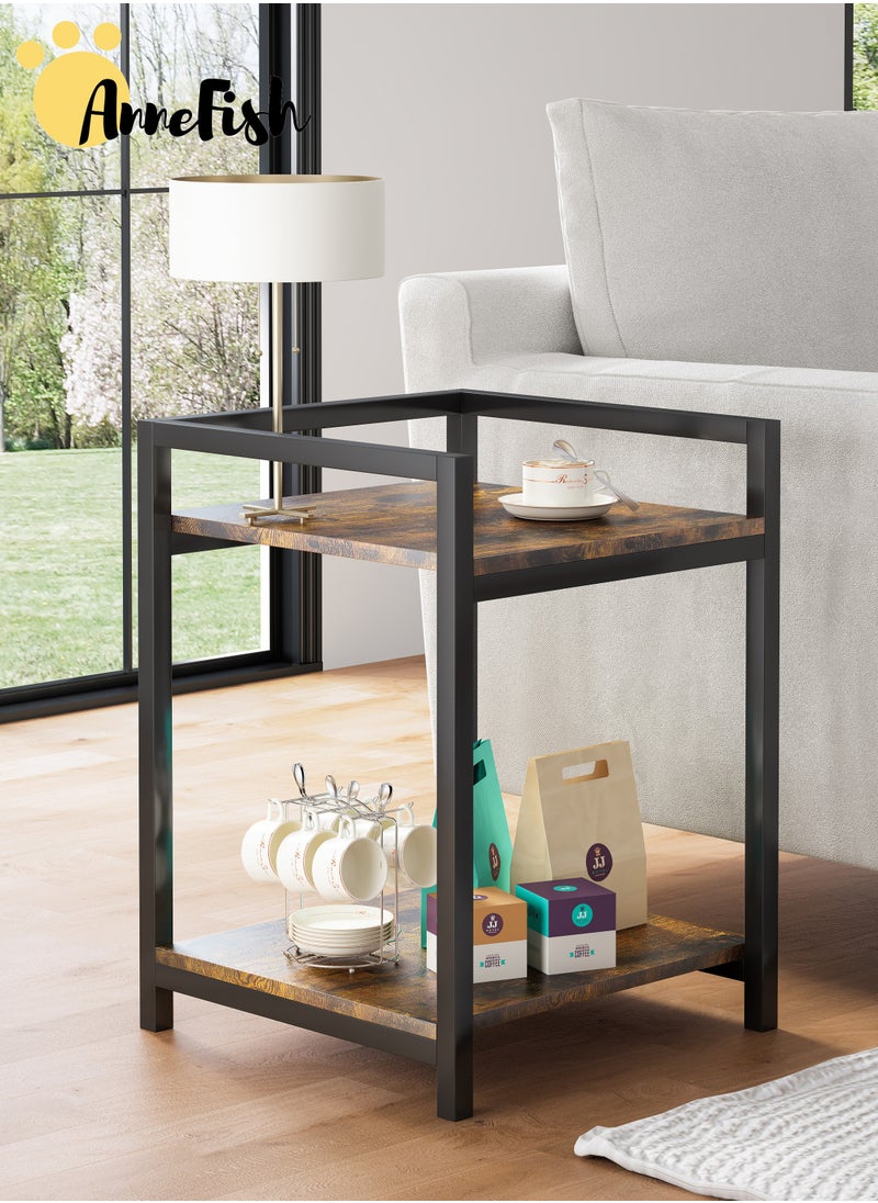 AnneFish Side Table Double Layer Small End Table Nightstand Sofa Service Table for Home Living Room and Bedroom Rustic Brown  - Image 1