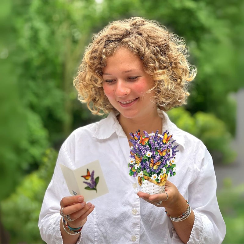 Freshcut Paper Pop Up Cards, Mini Lavender & Butterflies, 6 Inch Mini Sized Forever Flower Bouquet 3D Popup Greeting Card, Birthday Cards, Thank You Card, Teacher Gifts, Blank Notecard & Envelope - Image 2