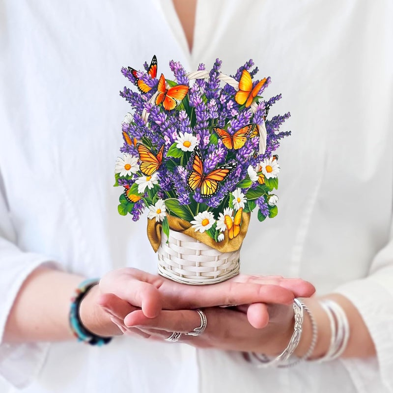 Freshcut Paper Pop Up Cards, Mini Lavender & Butterflies, 6 Inch Mini Sized Forever Flower Bouquet 3D Popup Greeting Card, Birthday Cards, Thank You Card, Teacher Gifts, Blank Notecard & Envelope - Image 1