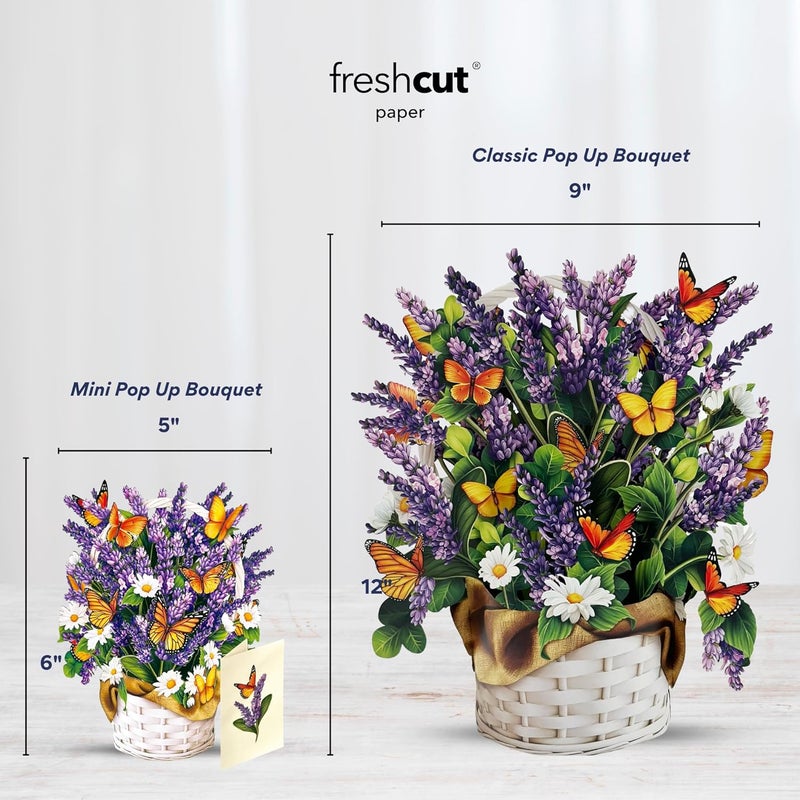 Freshcut Paper Pop Up Cards, Mini Lavender & Butterflies, 6 Inch Mini Sized Forever Flower Bouquet 3D Popup Greeting Card, Birthday Cards, Thank You Card, Teacher Gifts, Blank Notecard & Envelope - Image 5