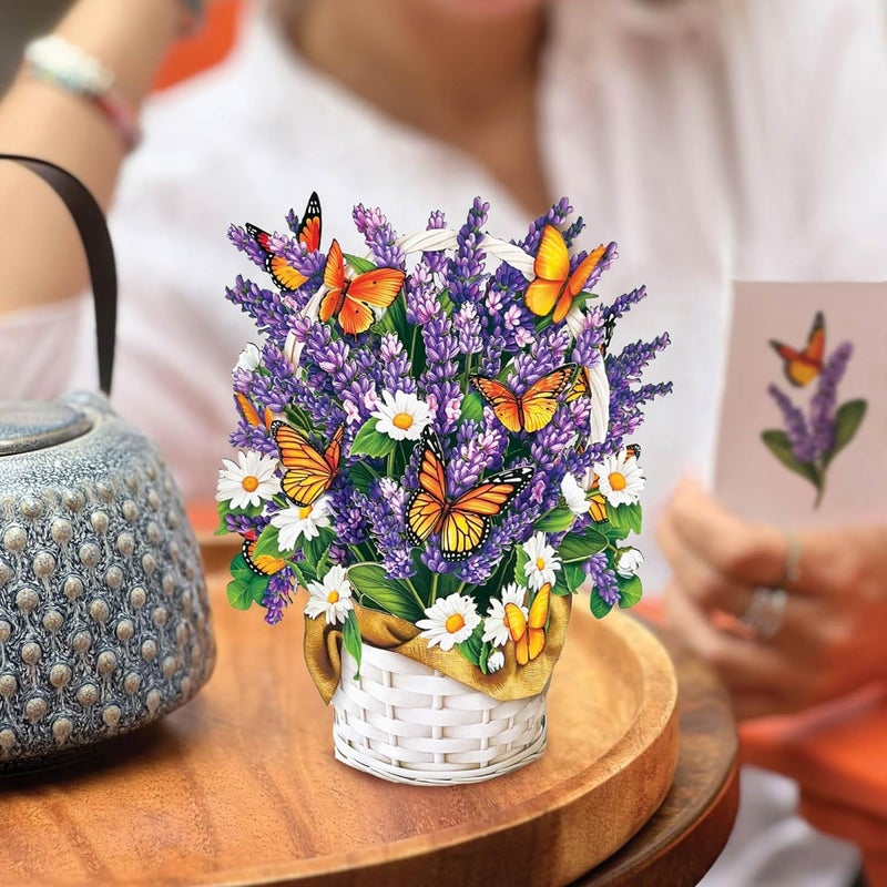 Freshcut Paper Pop Up Cards, Mini Lavender & Butterflies, 6 Inch Mini Sized Forever Flower Bouquet 3D Popup Greeting Card, Birthday Cards, Thank You Card, Teacher Gifts, Blank Notecard & Envelope - Image 4