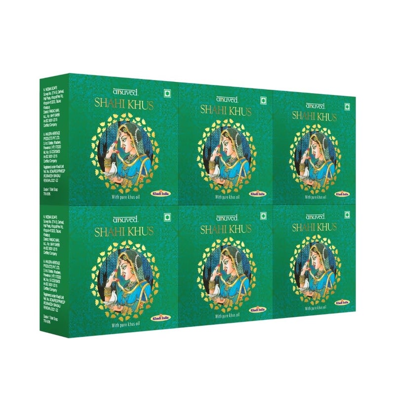 Anuved Shahi Khus Soap  Pack of 6  125g Each  With Pure Khus Oil  Rishikesh Gangajal  Calming Soothing  Antibacterial Herbal Soaps Paraben  Cruelty Free  Khus Soaps for Bath for Men  Women - Image 1