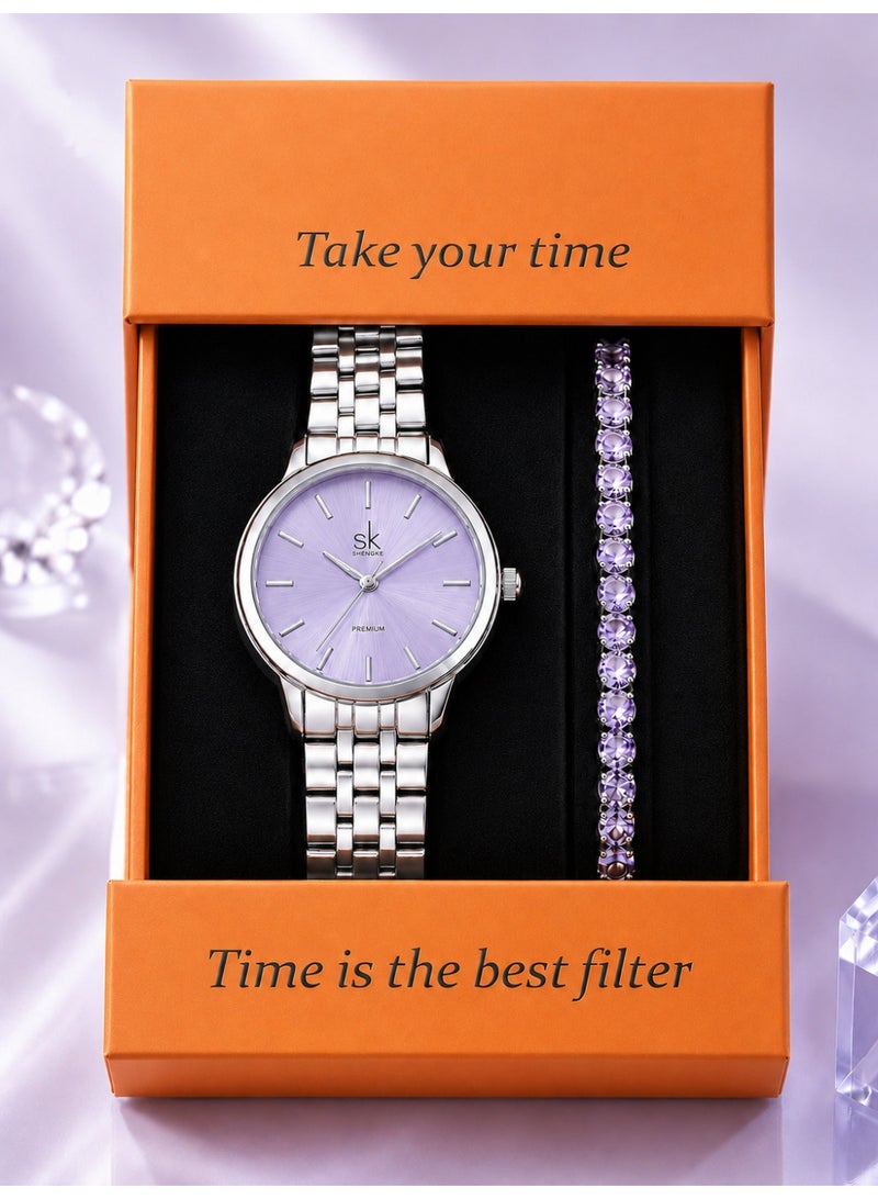 shengke Women’s Watch Set for Ladies Gifts for Her, Women’s Quartz Watch and Purple Bracelet Set, Elegant Watch Gift Set for Office and Daily Wear, 3ATM Waterproof Gift Box for Birthday Ramadan Eid Anniversary - Image 1
