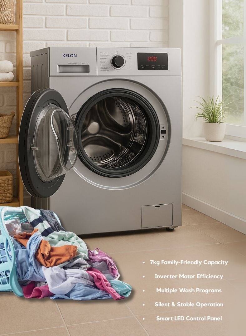 KELON 7 kg Fully Automatic Front Load Washing Machine – 1200 RPM Spin Speed, Multiple Wash Programs, Energy And Water Efficient, Durable Stainless Steel Drum, Low Noise Operation – KWFVB7012MS Siver - Image 4