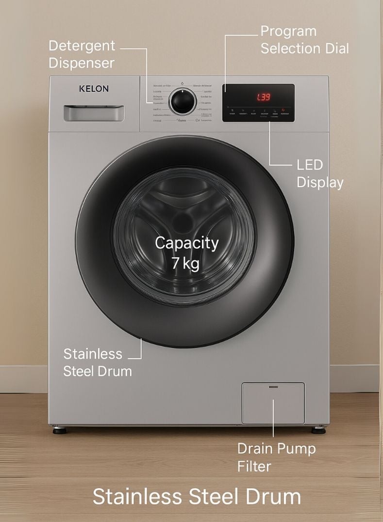 KELON 7 kg Fully Automatic Front Load Washing Machine – 1200 RPM Spin Speed, Multiple Wash Programs, Energy And Water Efficient, Durable Stainless Steel Drum, Low Noise Operation – KWFVB7012MS Siver - Image 3