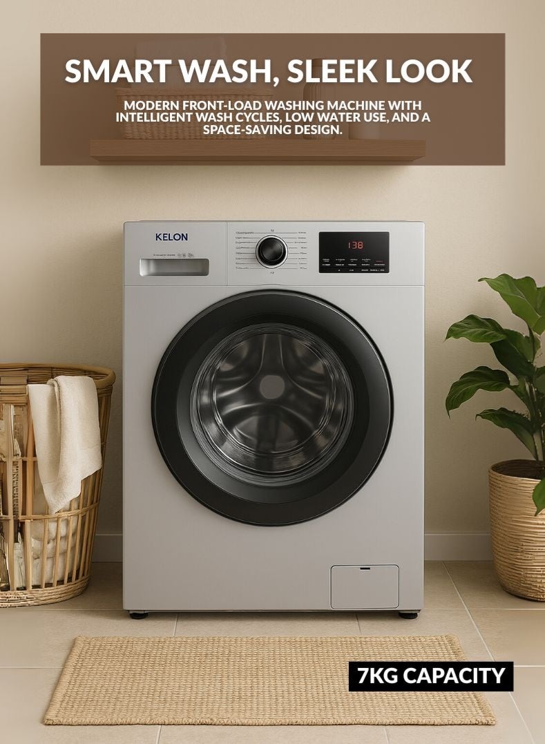 KELON 7 kg Fully Automatic Front Load Washing Machine – 1200 RPM Spin Speed, Multiple Wash Programs, Energy And Water Efficient, Durable Stainless Steel Drum, Low Noise Operation – KWFVB7012MS Siver - Image 1