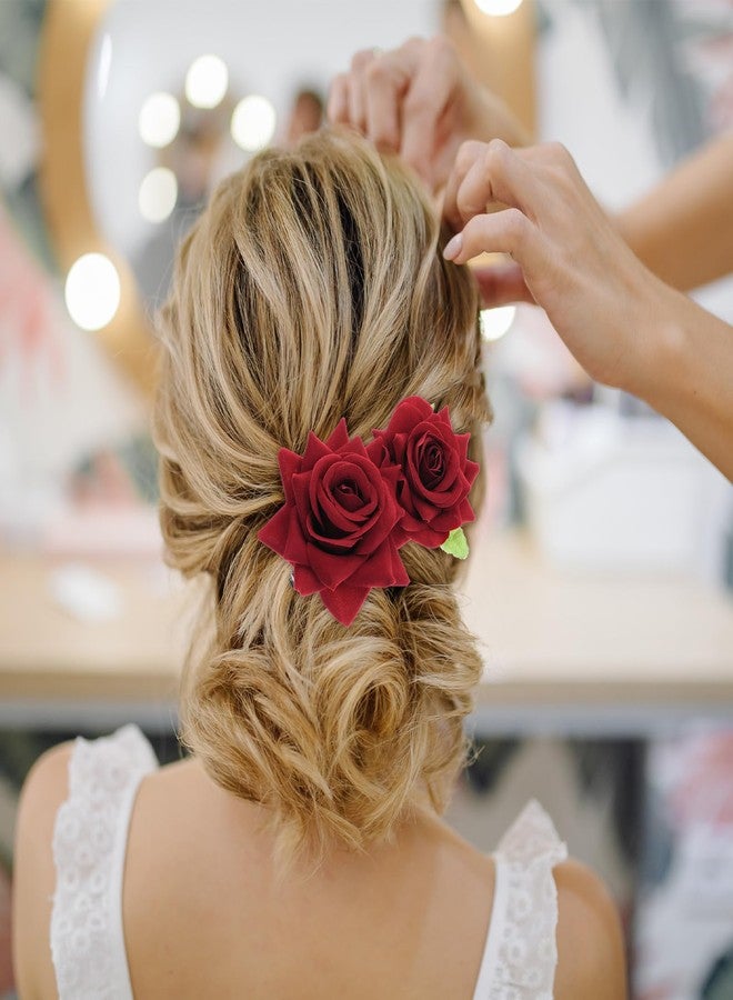 MBAIYO 2Pcs Rose Hair Clip Red Flower Hair Brooch Comb Flamenco Dancer Hairpin Flannel Bohemia Elegant Hairpin Fabric Floral Matte Red Rose Vintage Clips Bride Women Wedding Anniversary Birthday Party - Image 3