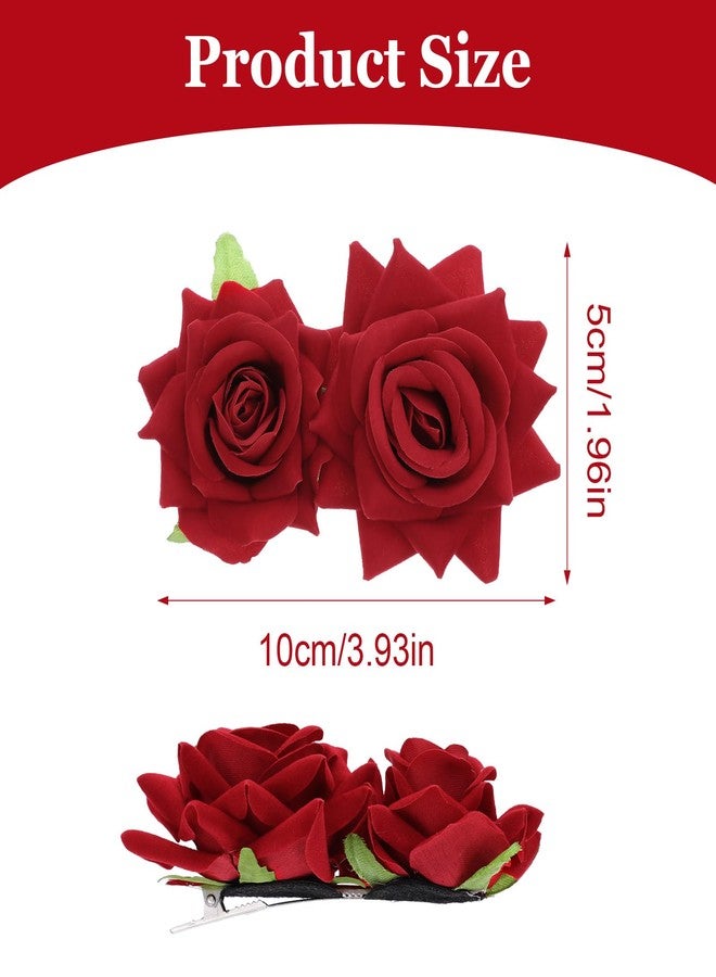 MBAIYO 2Pcs Rose Hair Clip Red Flower Hair Brooch Comb Flamenco Dancer Hairpin Flannel Bohemia Elegant Hairpin Fabric Floral Matte Red Rose Vintage Clips Bride Women Wedding Anniversary Birthday Party - Image 4