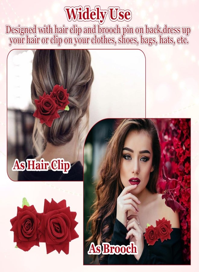 MBAIYO 2Pcs Rose Hair Clip Red Flower Hair Brooch Comb Flamenco Dancer Hairpin Flannel Bohemia Elegant Hairpin Fabric Floral Matte Red Rose Vintage Clips Bride Women Wedding Anniversary Birthday Party - Image 2