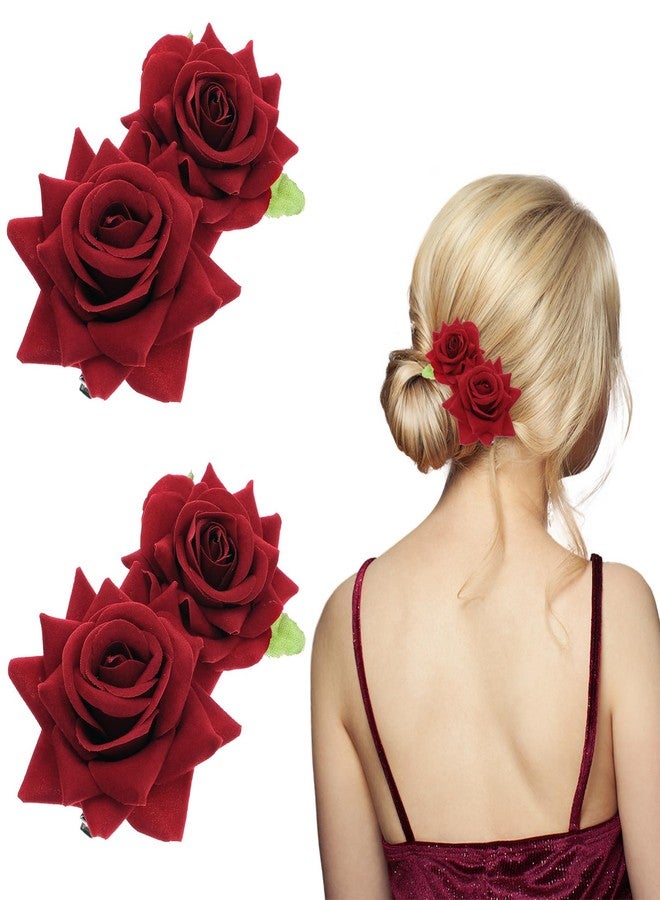 MBAIYO 2Pcs Rose Hair Clip Red Flower Hair Brooch Comb Flamenco Dancer Hairpin Flannel Bohemia Elegant Hairpin Fabric Floral Matte Red Rose Vintage Clips Bride Women Wedding Anniversary Birthday Party - Image 1