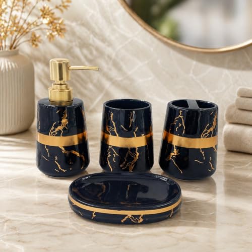 Whizzo® Ceramic Bathroom Accessories Set Ceramic - 4 Pieces Bathroom Accessories Set Soap Dispenser, Toothbrush Holder, Tumbler, Soap Dish, The Best Gifting Choice (Black, WZ-BS-800-Black) - Image 1