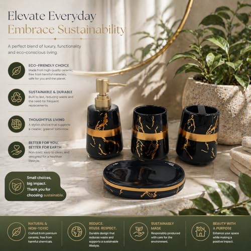 Whizzo® Ceramic Bathroom Accessories Set Ceramic - 4 Pieces Bathroom Accessories Set Soap Dispenser, Toothbrush Holder, Tumbler, Soap Dish, The Best Gifting Choice (Black, WZ-BS-800-Black) - Image 2