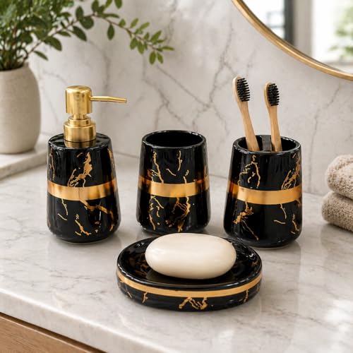 Whizzo® Ceramic Bathroom Accessories Set Ceramic - 4 Pieces Bathroom Accessories Set Soap Dispenser, Toothbrush Holder, Tumbler, Soap Dish, The Best Gifting Choice (Black, WZ-BS-800-Black) - Image 3