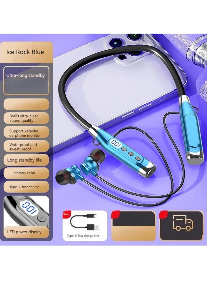 Neck-mounted digital display Bluetooth headset, ultra-long standby sports noise-cancelling headset (Ice Rock Blue) - Image 1