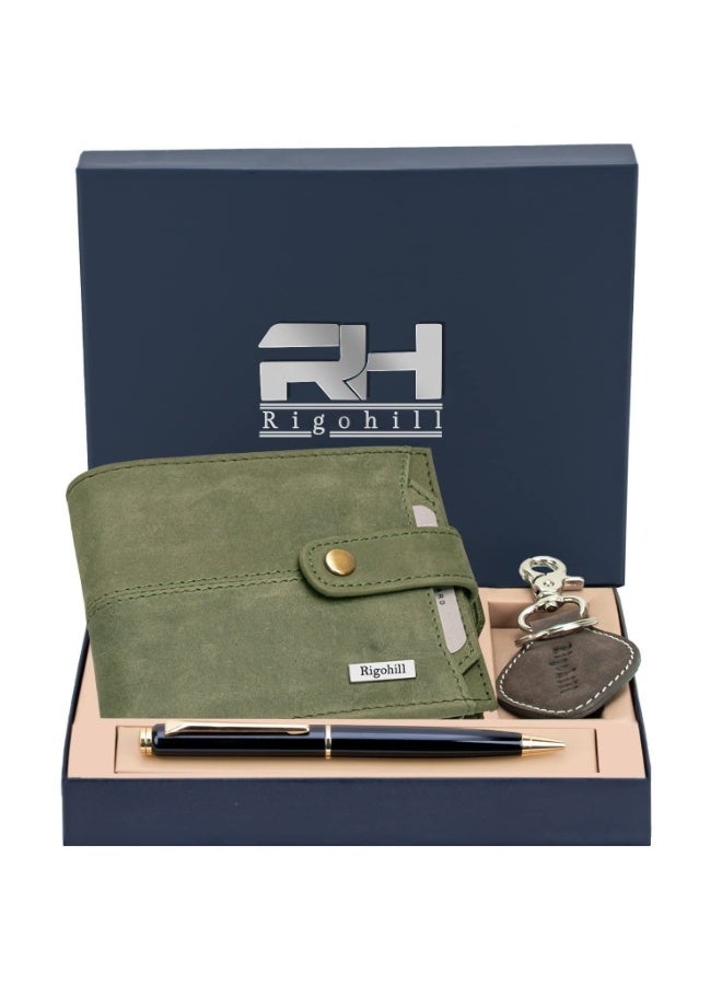Rigohill Leather Green Wallet for Men with Keyring & Pen Combo Gift Set | RFID Protected Genuine Leather Wallet | Velentine's Day Gift Hamper - Image 1
