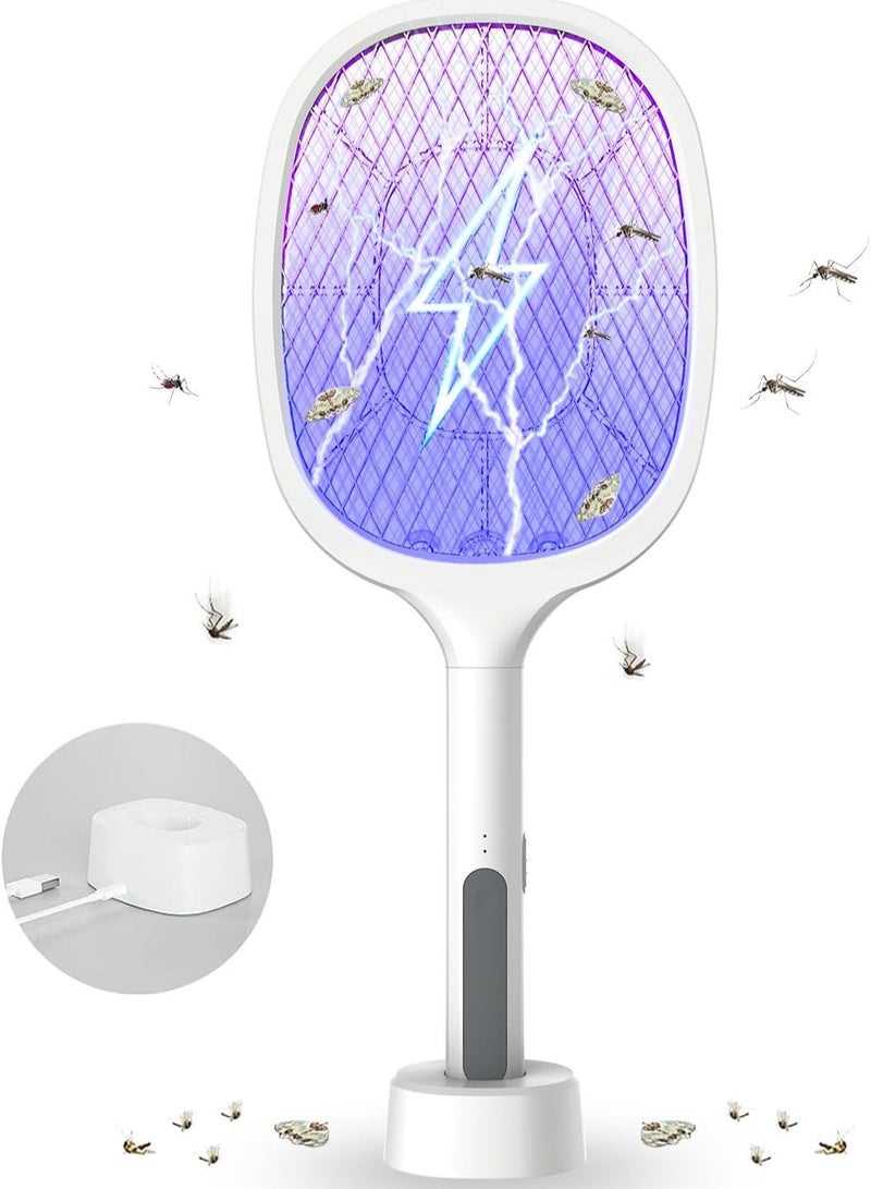 Festive Gallery Mosquito Killer,3500V Electric Fly Swatter,2-in-1 Handheld Bug Zapper Racket Electric Fly Swatter Mosquito Killer with Table Charging Base Rechargeable 12000mAh Battery for Bedroom Nursery Room Indoor Outdoor White 21.8 x52.8x4.1cm - Image 1