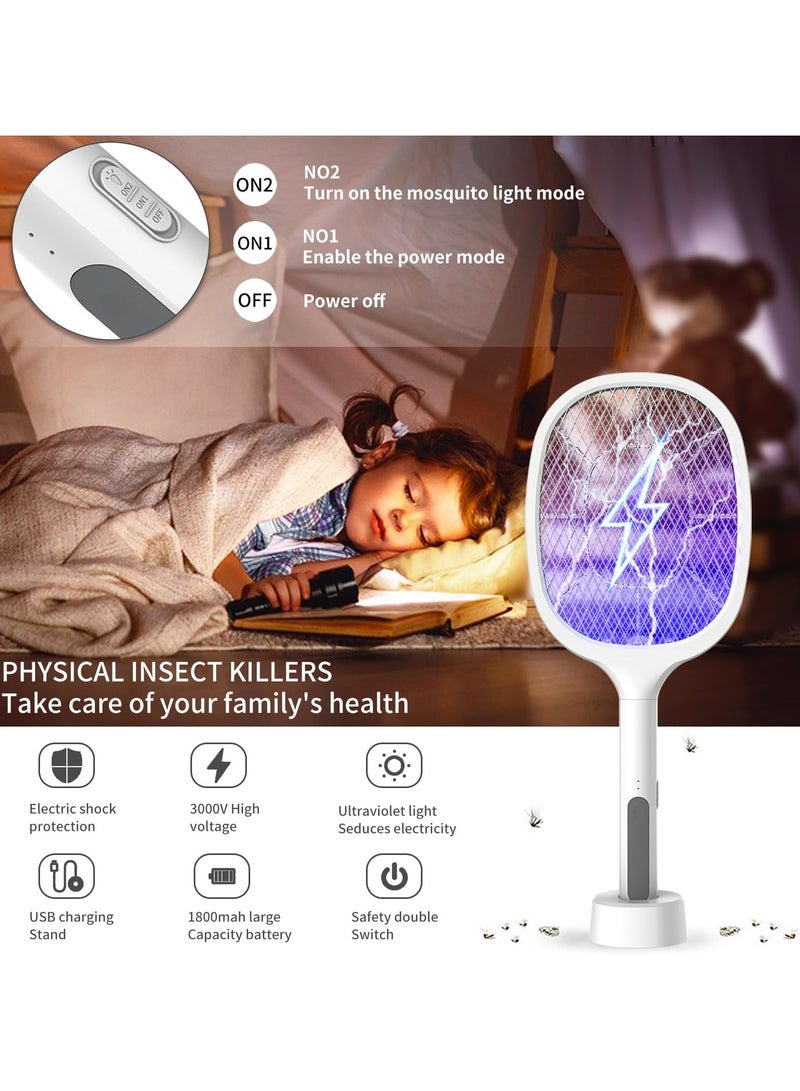 Festive Gallery Mosquito Killer,3500V Electric Fly Swatter,2-in-1 Handheld Bug Zapper Racket Electric Fly Swatter Mosquito Killer with Table Charging Base Rechargeable 12000mAh Battery for Bedroom Nursery Room Indoor Outdoor White 21.8 x52.8x4.1cm - Image 5