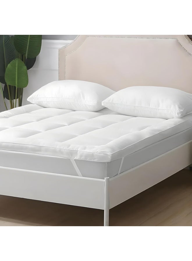 King Microfiber Mattress Topper | 5cm Thick Mattress Topper  160 x 200 cm | Plain 90 GSM Luxury Bed Enhancing Topper | Mattress Cover with 4 Sided Elastic Band, White - Image 1