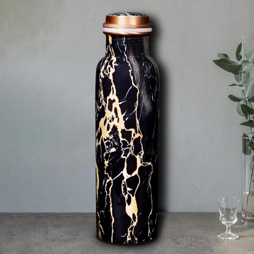 Allo Pure Copper Water Bottle 1 Litre Copper Bottle | Alkaline and Anti Oxidant | 100% Leak Proof, Office, Gym Bottle, Modern Tamba Bottle for Adults, Best Gift for Diwali (Black Natural Marble) - Image 1