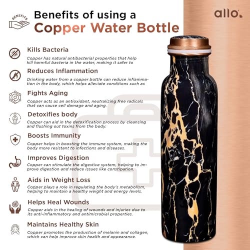 Allo Pure Copper Water Bottle 1 Litre Copper Bottle | Alkaline and Anti Oxidant | 100% Leak Proof, Office, Gym Bottle, Modern Tamba Bottle for Adults, Best Gift for Diwali (Black Natural Marble) - Image 4