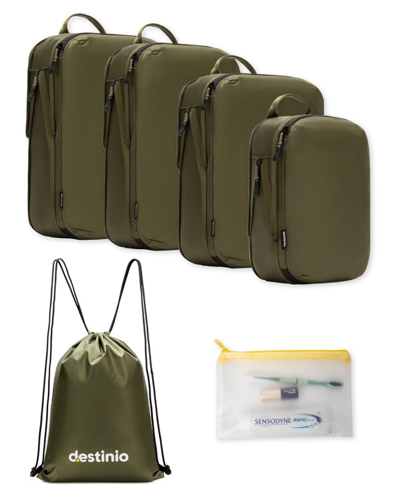 Destinio Compression Packing Cubes for Travel, 6 in 1 Water Resistant Travel Organizer Pouch Set (4 Cubes+ Drawstring Bag+ Cosmetic Pouch), Luggage Suitcase Wardrobe Organiser Clothes Shoes (Green) - Image 1