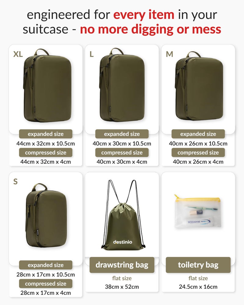 Destinio Compression Packing Cubes for Travel, 6 in 1 Water Resistant Travel Organizer Pouch Set (4 Cubes+ Drawstring Bag+ Cosmetic Pouch), Luggage Suitcase Wardrobe Organiser Clothes Shoes (Green) - Image 2
