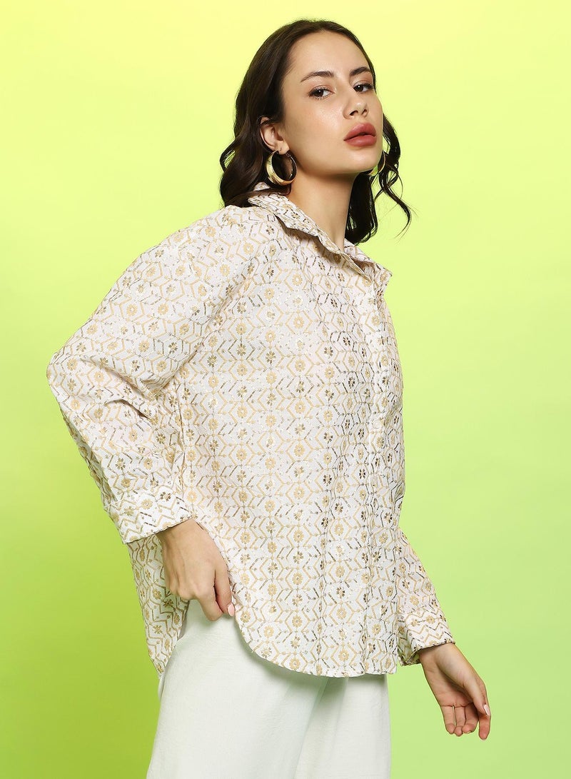 Campus Sutra Women's Off-White:Buff Beige Embroidered Geometric Oversized Shirt - Image 3