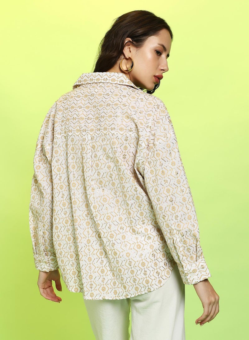 Campus Sutra Women's Off-White:Buff Beige Embroidered Geometric Oversized Shirt - Image 5