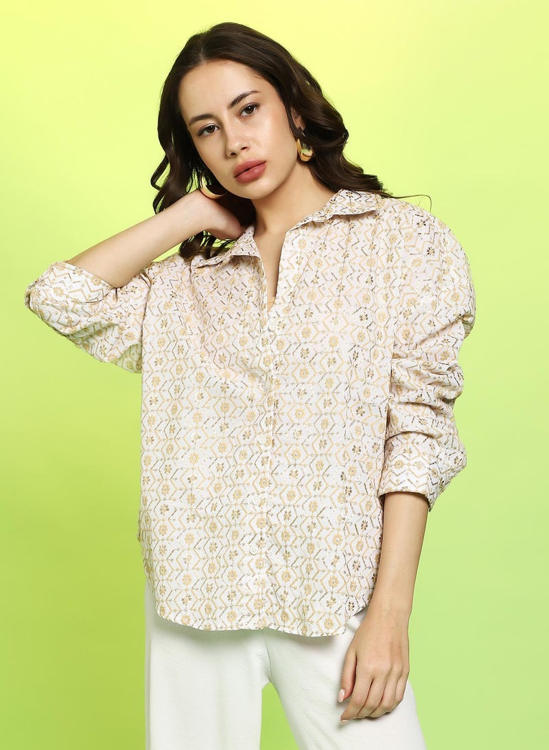Campus Sutra Women's Off-White:Buff Beige Embroidered Geometric Oversized Shirt - Image 1