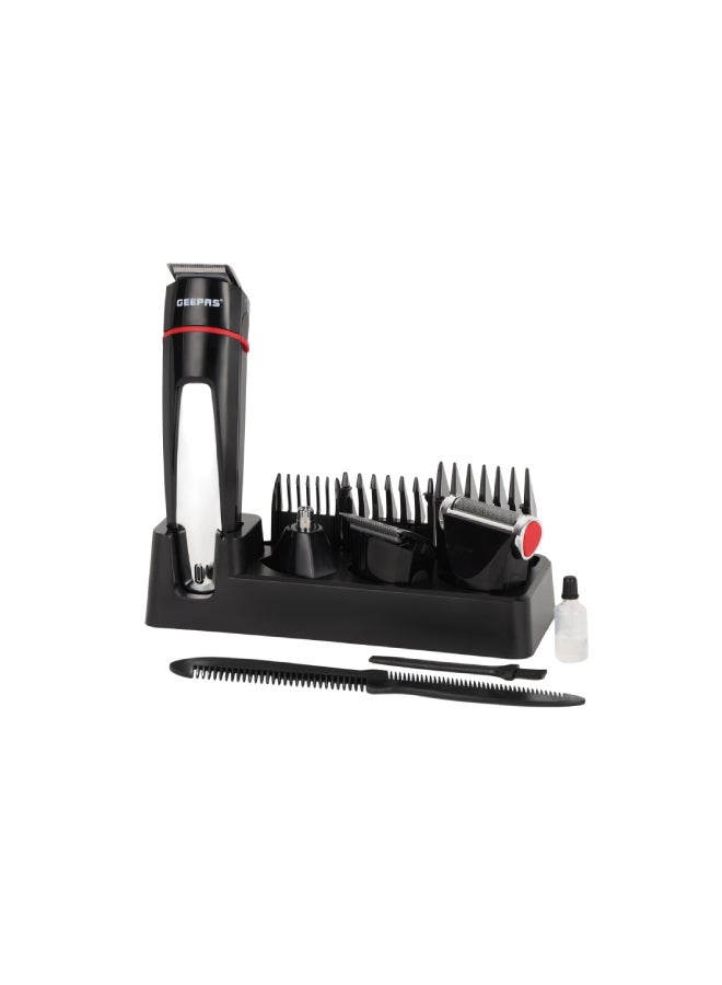 GEEPAS 7 in 1 Grooming kit Precision Trimmer|  with 600mAh Li-ion battery| Hair Clippers, Grooming Kit with Stand| Charging Indicator, Interchangeable Heads for Shaving, Detailing, Grooming Beards, Stubble, Nose and Body| 1-Hour Working Time, USB Charging| 2 Years Warranty | GTR8128N Black - Image 1
