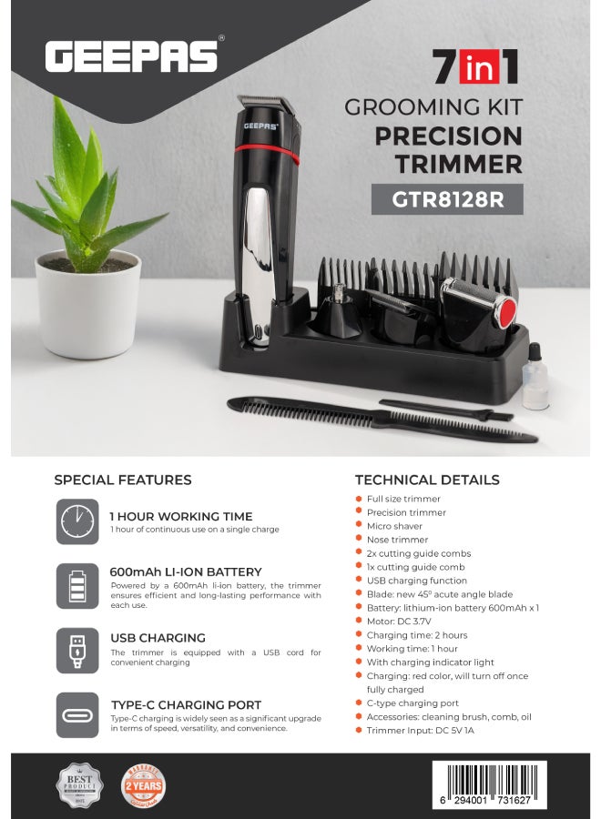 GEEPAS 7 in 1 Grooming kit Precision Trimmer|  with 600mAh Li-ion battery| Hair Clippers, Grooming Kit with Stand| Charging Indicator, Interchangeable Heads for Shaving, Detailing, Grooming Beards, Stubble, Nose and Body| 1-Hour Working Time, USB Charging| 2 Years Warranty | GTR8128N Black - Image 5