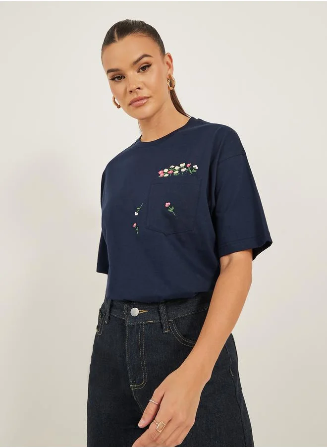 ستايلي Floral Embroidered Detail Regular Fit T-Shirt with Pocket