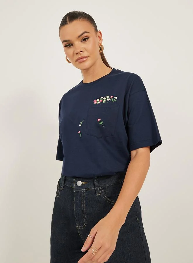 Styli Styli Floral Embroidered Detail Regular Fit T-Shirt with Pocket