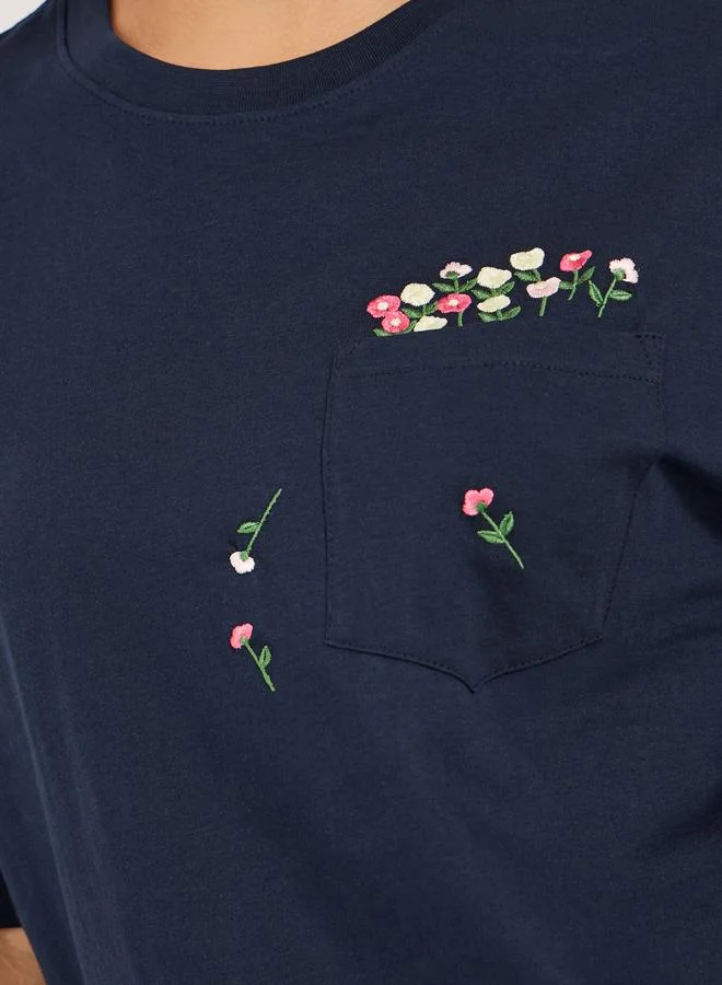 Styli Styli Floral Embroidered Detail Regular Fit T-Shirt with Pocket