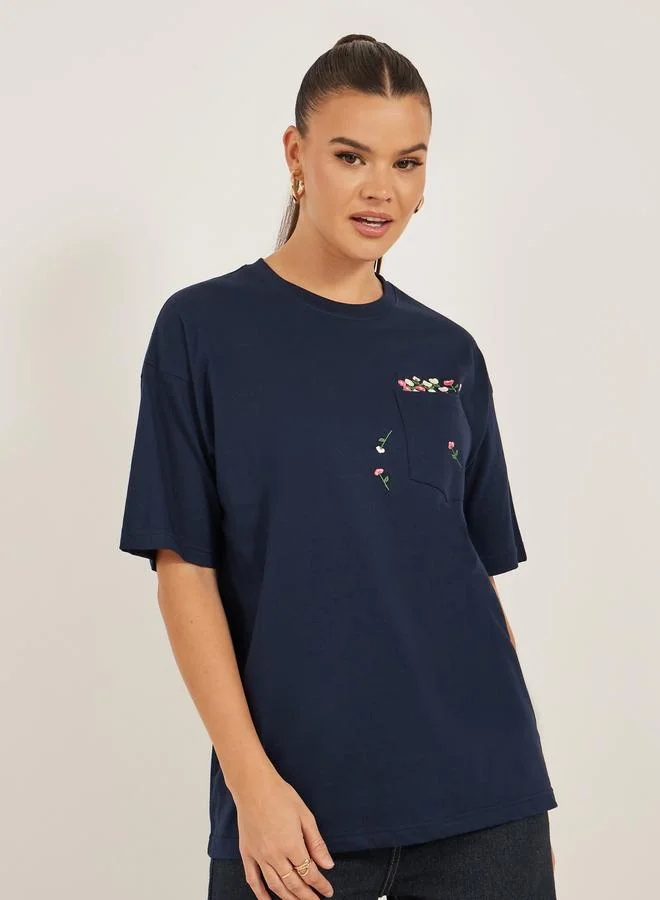 Styli Styli Floral Embroidered Detail Regular Fit T-Shirt with Pocket