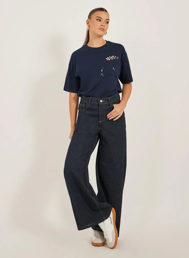 Styli Styli Floral Embroidered Detail Regular Fit T-Shirt with Pocket