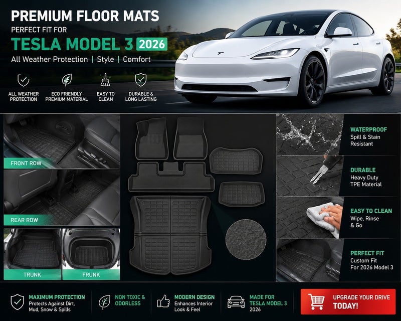 Dunekart Full Set Floor Mats for Tesla Model 3 2024-2026 | All-Weather  Trunk Mat, Cargo Liner, Front, Rear & Frunk Mats | Full Set Tesla Accessories - Image 2