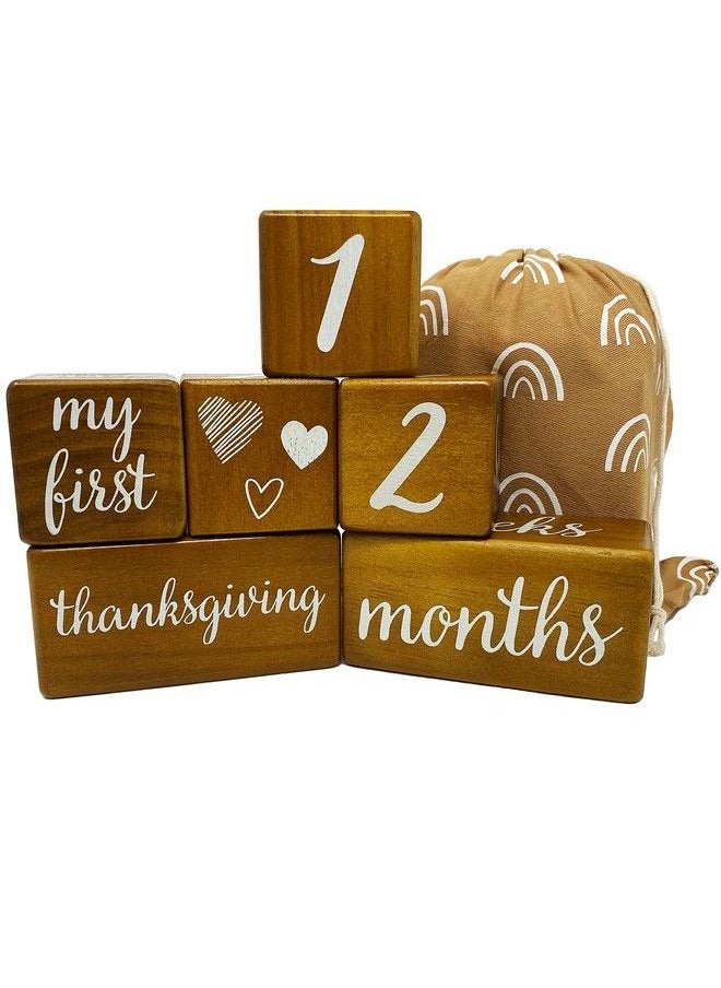 Pondering Pine - Baby Milestone Blocks Natural Brown Stain Pine Wood With Weeks Months Years Grade And Holidays Newborn Weekly Monthly First Year Picture Props 6 Block Milestones Age Set With Bag - Image 1