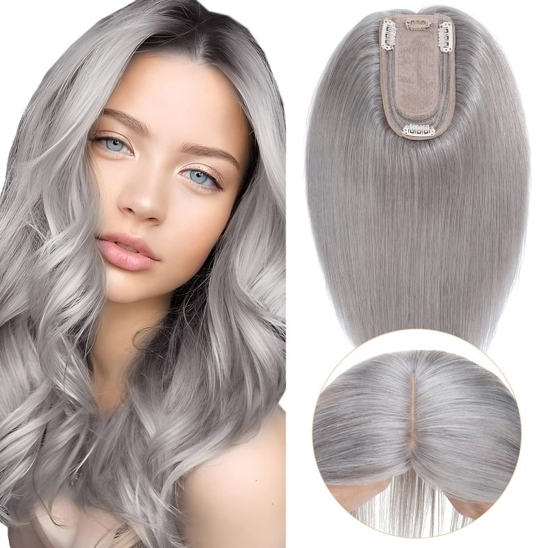 MYLADY Human Hair Toppers Without Bangs for Women 10 Inch Grey Silk Base 150 Density Clip in Top Pieces for Thinning Hair Loss