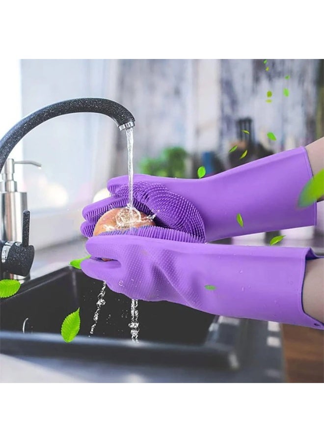 Multifunctional Magic Silicone Washing Cleaning Gloves Hand Glove for Kitchen, Bathroom, Dishwashing, Pet Grooming, Car Washing in Purple - Image 1