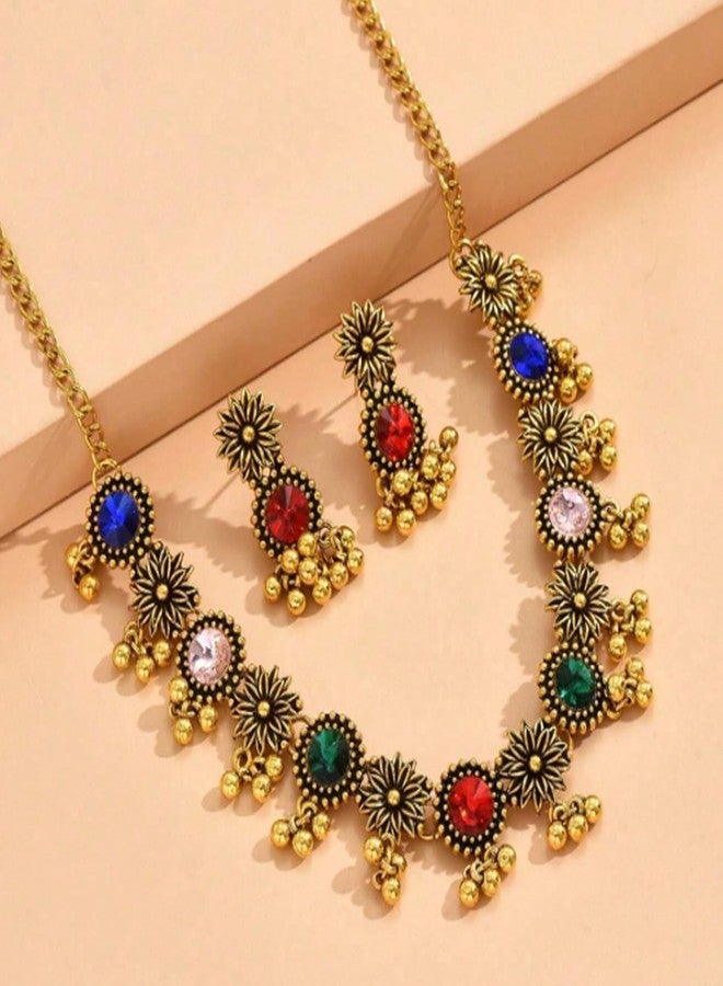 Frodete Indian Jewelry Sets for Women Indian Jhumka Earrings Wedding Jewelry Necklace Set Gold Indian Necklace - Image 5